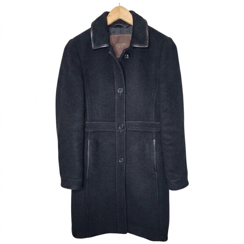 COACH Womens XS Black Wool Mohair Blend Overcoat Leather Trim Long Coat Luxury